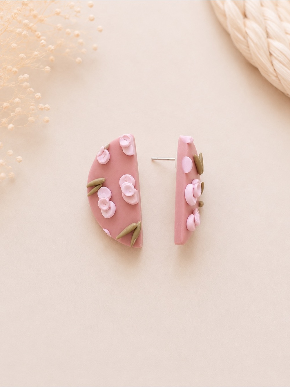 Pink Floral Half-Moon Clay Stud Earrings